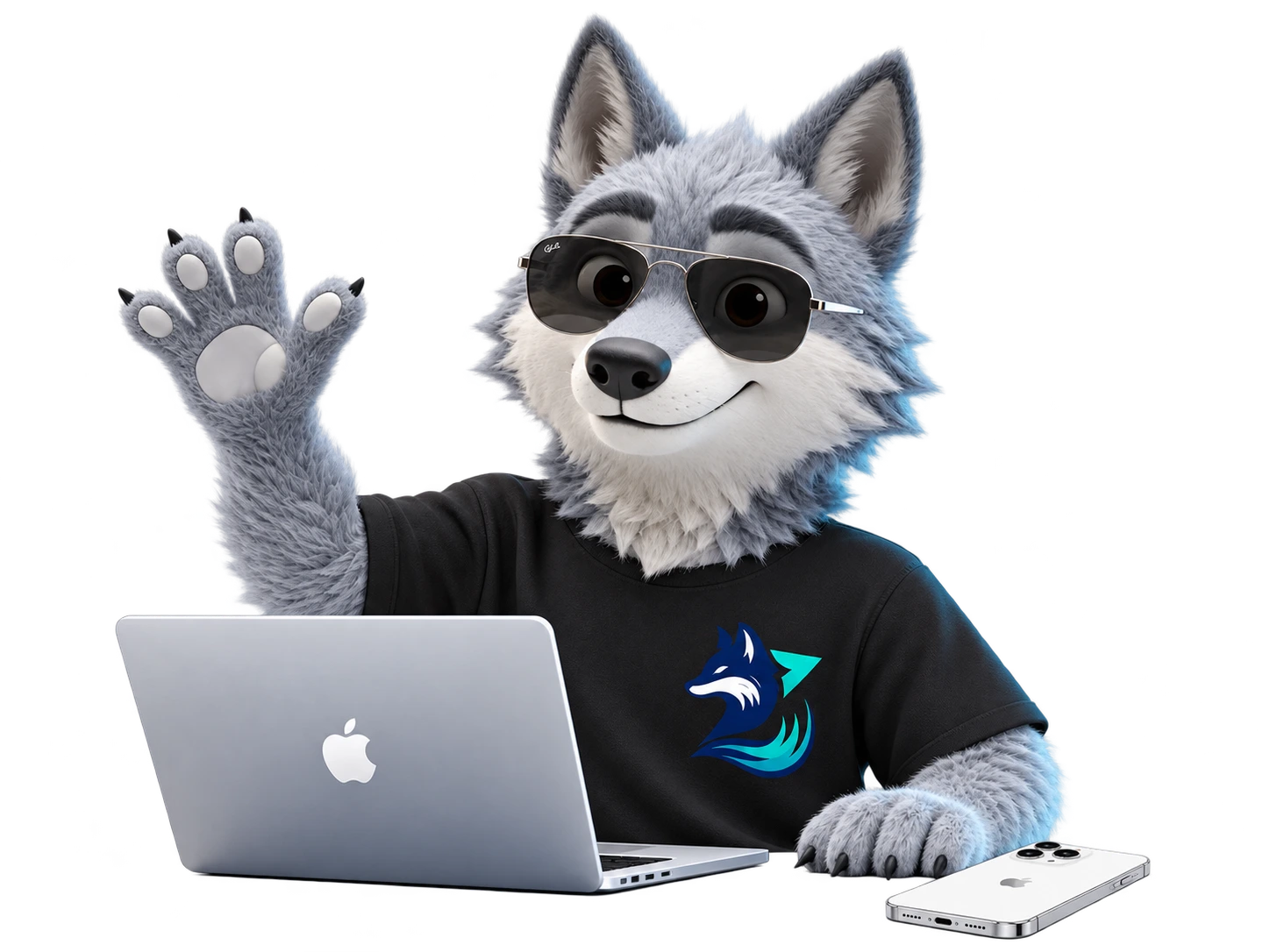 The Zyro wolf waves from behind a silver MacBook with a white iPhone beside it