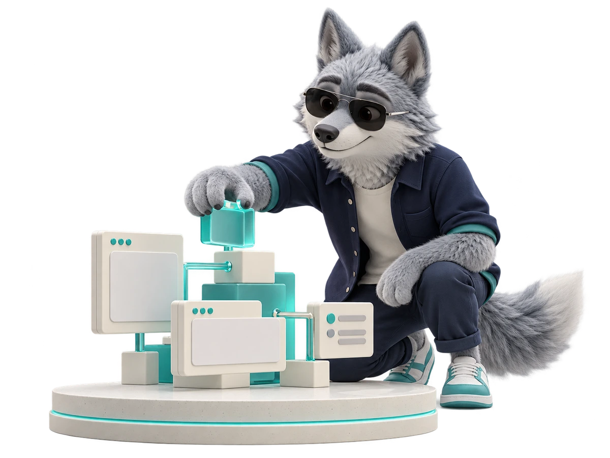 Zyro’s wolf carefully assembling a connected product model, turning an idea into a working system