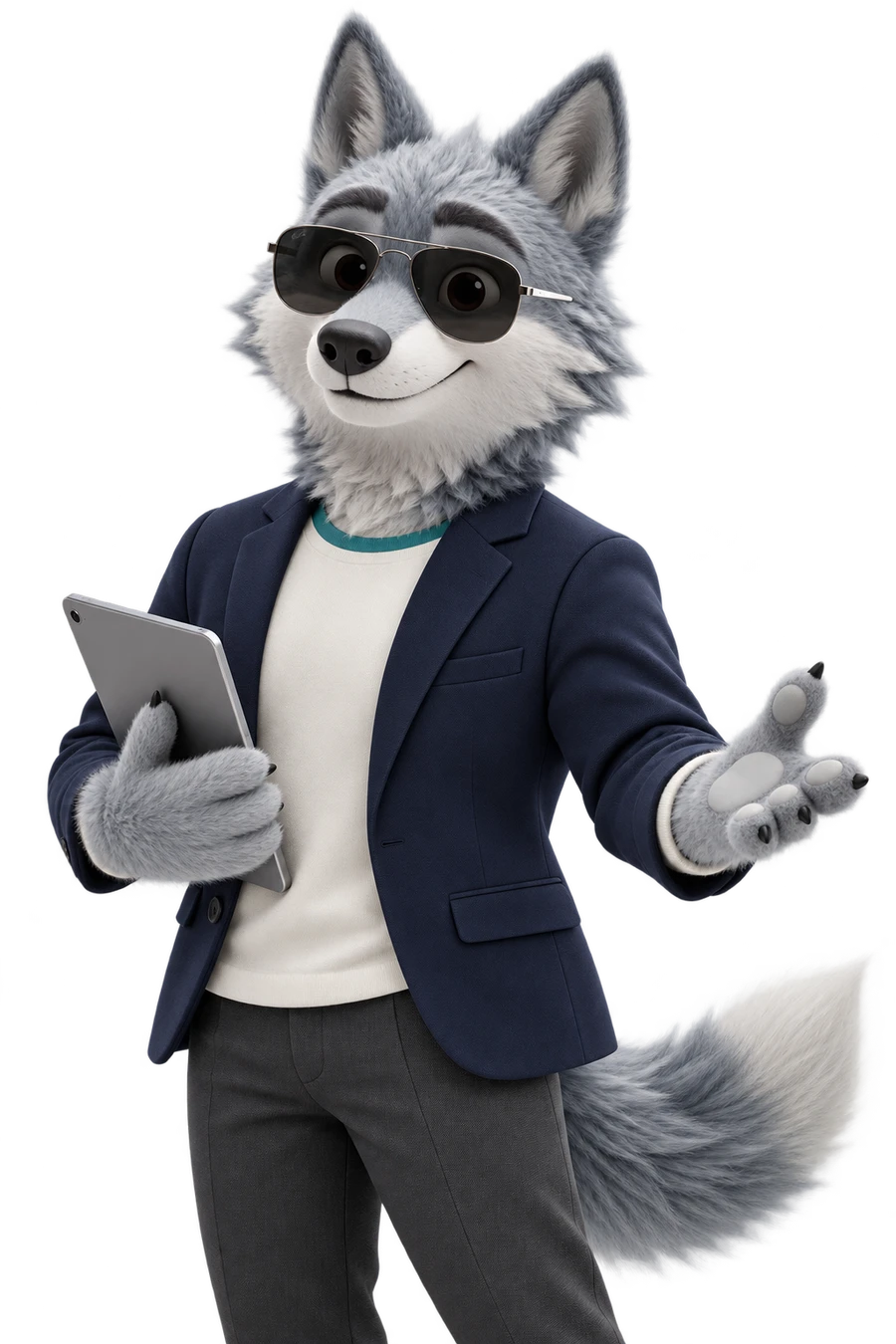 Zyro’s wolf consultant in a navy blazer holding a tablet, ready to hear your project idea