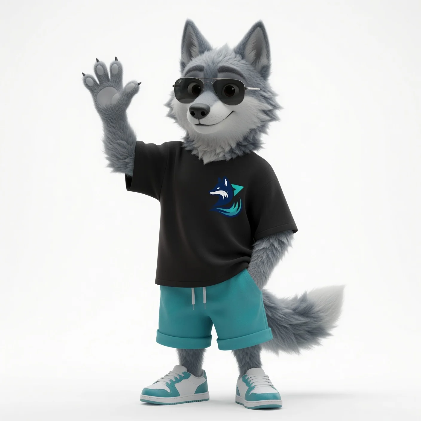 Zyro's friendly gray wolf mascot waving